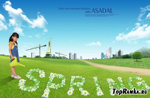 Watering flowers, spring posters PSD layered material