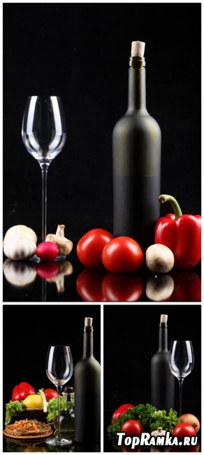 Wine & Vegetables - Wine, wine glass, bottle, vegetables
