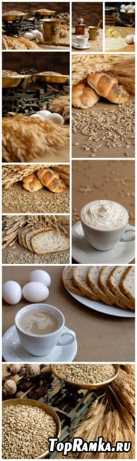 Bread Backgrounds - Bread, cereals, ears, eggs, butter, coffee grinder, scales, kitchen