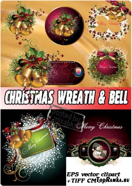     | Christmas wreath & bells (vector + tiff)