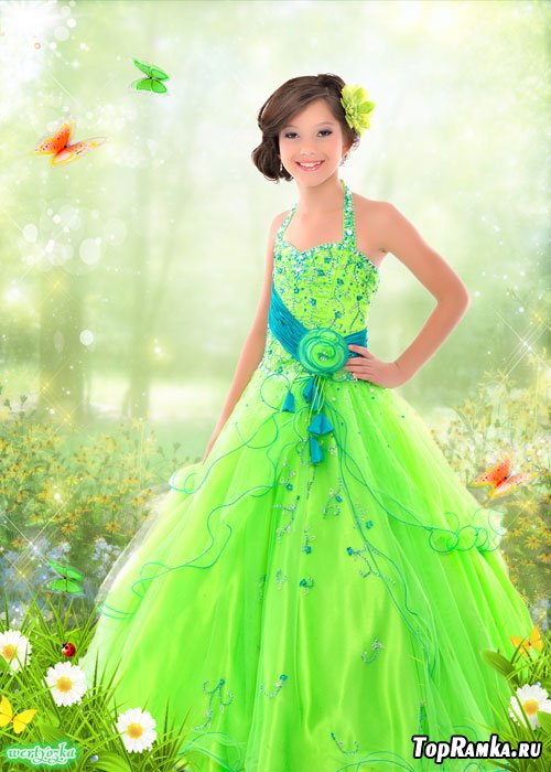 Многослойный детский psd шаблон - Девочка в ярко зеленом платье среди ромашек и бабочек 