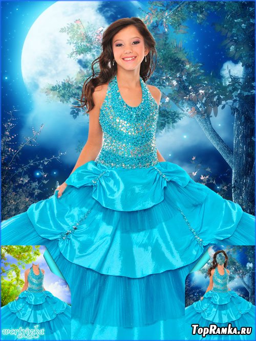 Многослойный детский psd шаблон - Девочка в нарядном платье цвета аквамарина 