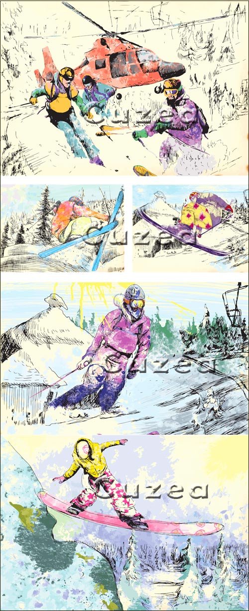 Skiers and snowboarders in a vector