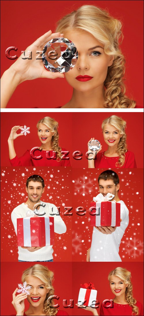 The girl with a jewel and the guy with a gift on a red background - Stock photo
