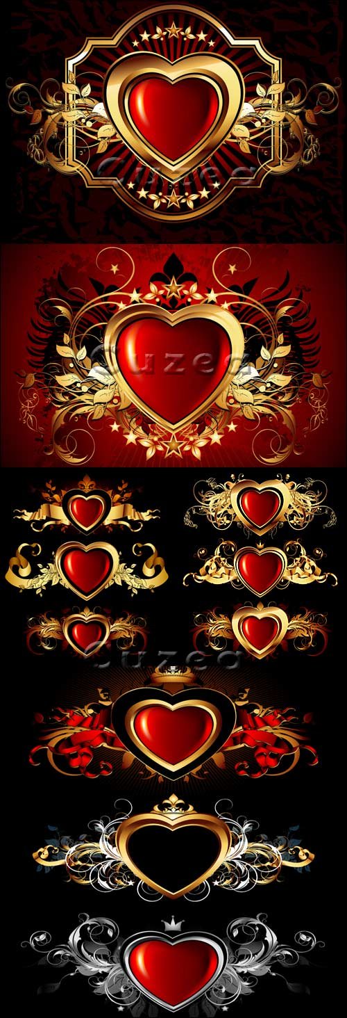          / Bright hearts with a gold ornament against a dark background in a vector