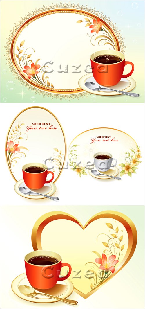 Vector stock -     /  Floral frame with cup of coffee