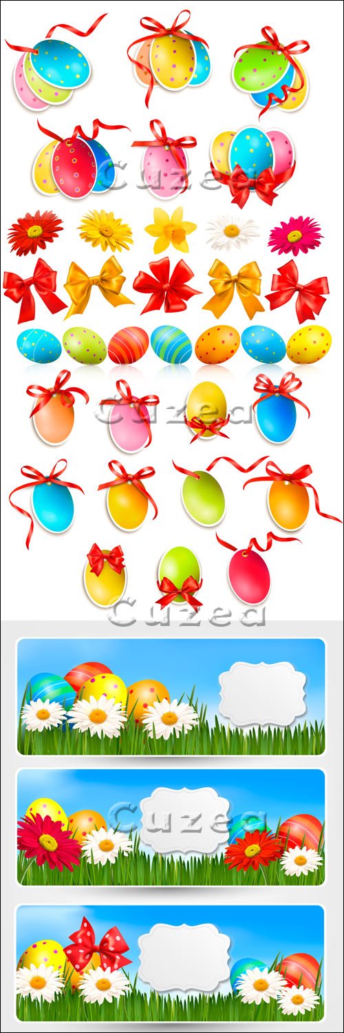 Vector stock -    /   Easter banners with Easter eggs and colorful flowers