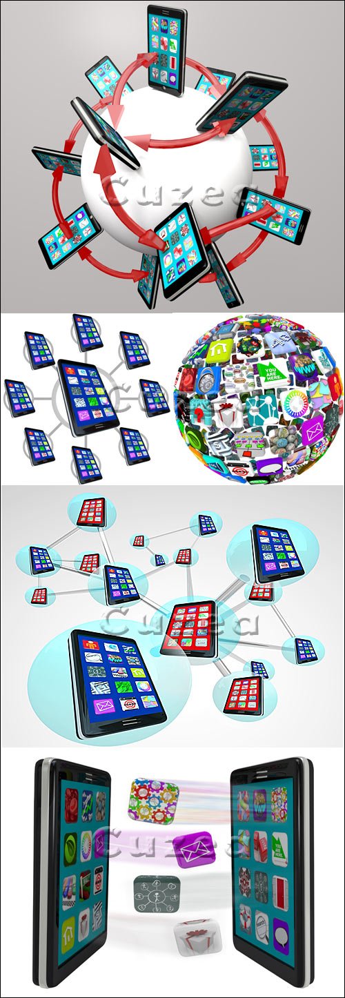 Stock photo -   /  Smart Phones in Communication Linked Network Spheres
