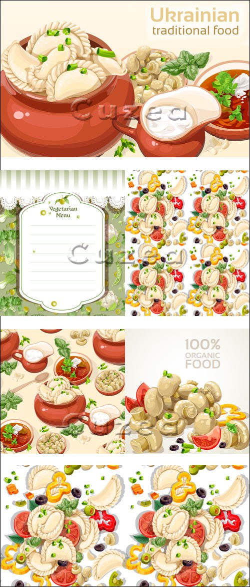  / Ukrainian traditional food background with dumplings and soup - vector stock