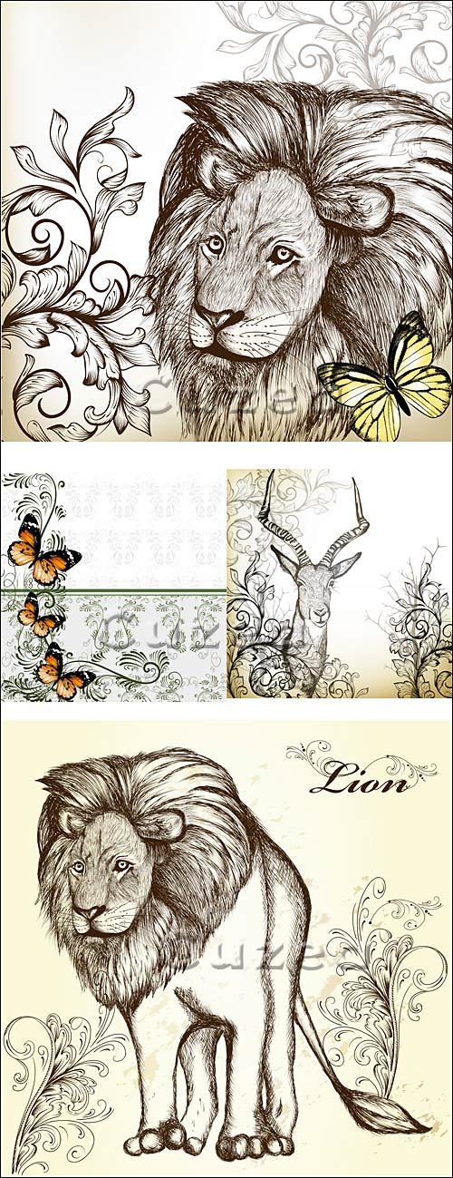     / Vintage background with hand drawn animals and butterfly in vector