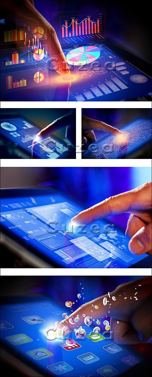      / Closeup of finger touching tablet-pc screen - Stock photo