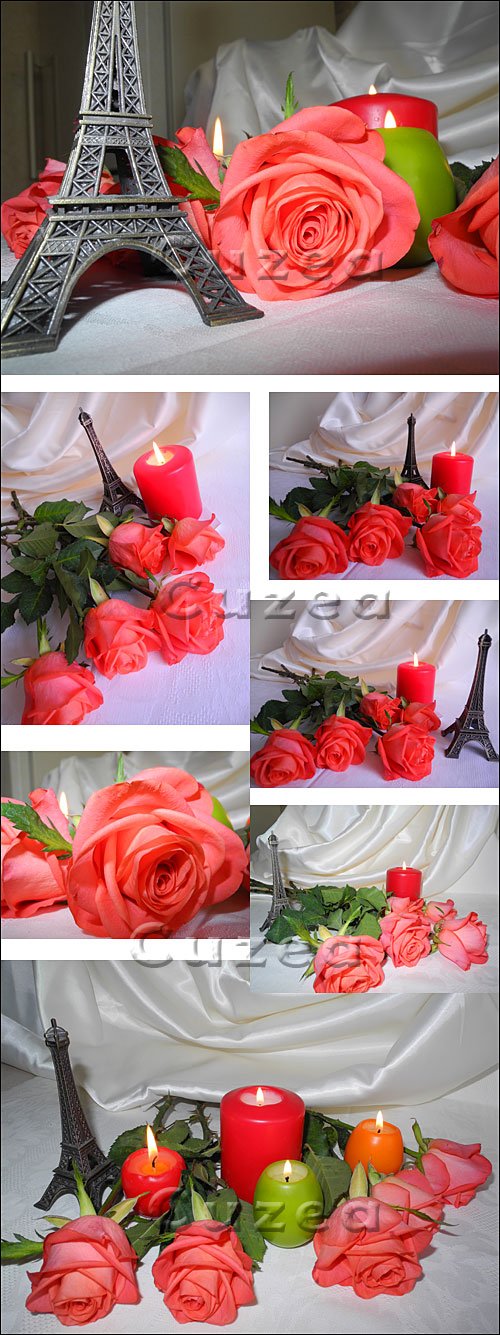 ,    / Roses, candles and Eiffel Tower - Stock photo