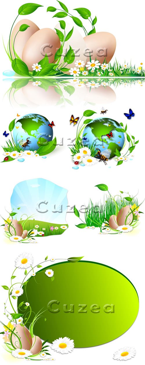       / Easter eggs with green  leaves in vector