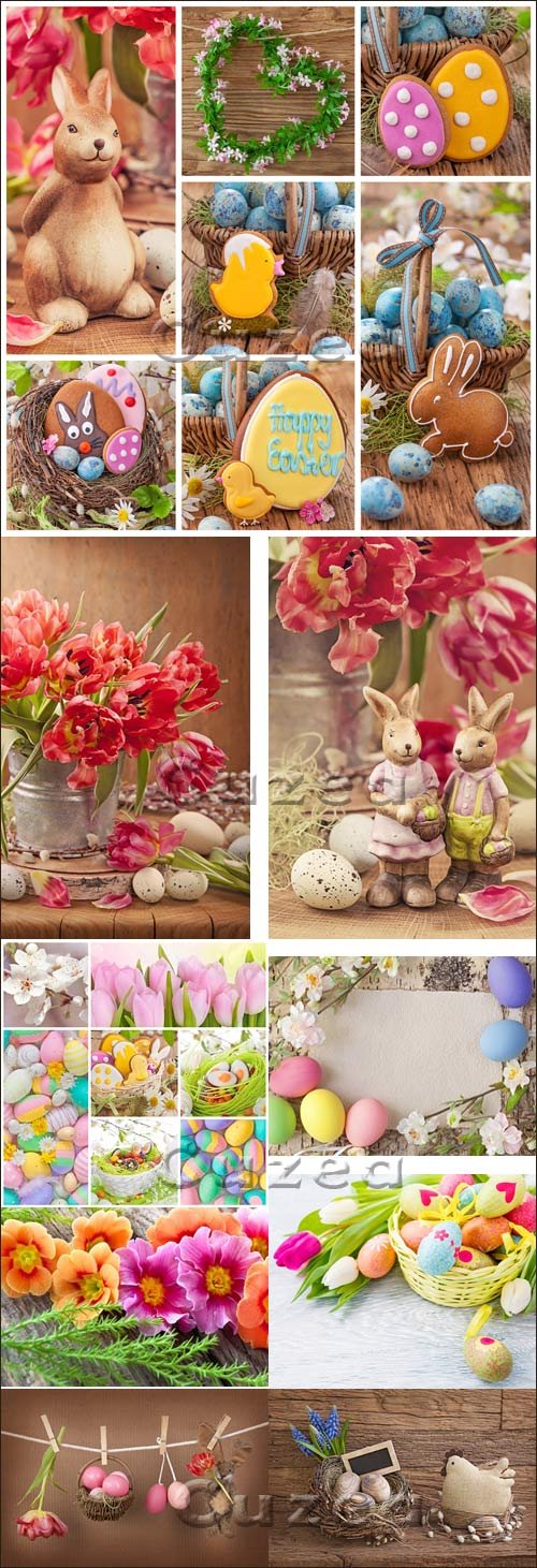  ,    / Easter eggs, rabbits and flowers - Stock photo