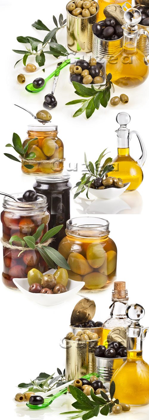    / Oil and olives on a white background - stock photo