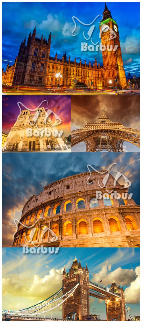 Notre Dame Cathedral, Colosseum, Big Ben Tower, The Tower Bridge, Eiffel Tower /  -, ,  -,  ,  