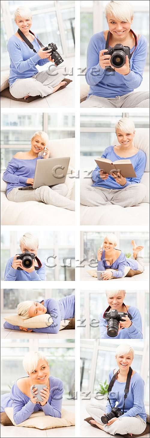   ,   / Woman with photo camera, laptop and book - stock photo