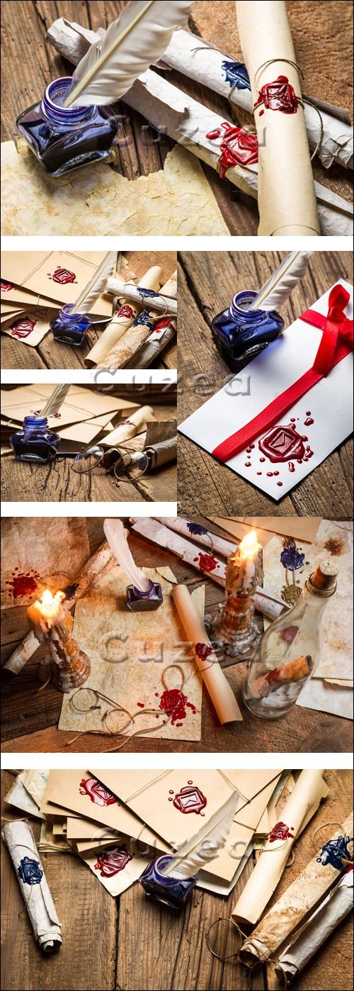 , ,    / Roll, feather, inkwell and candles - Stock photo