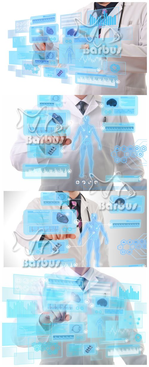 Doctor working on a futuristic touchscreen display /      