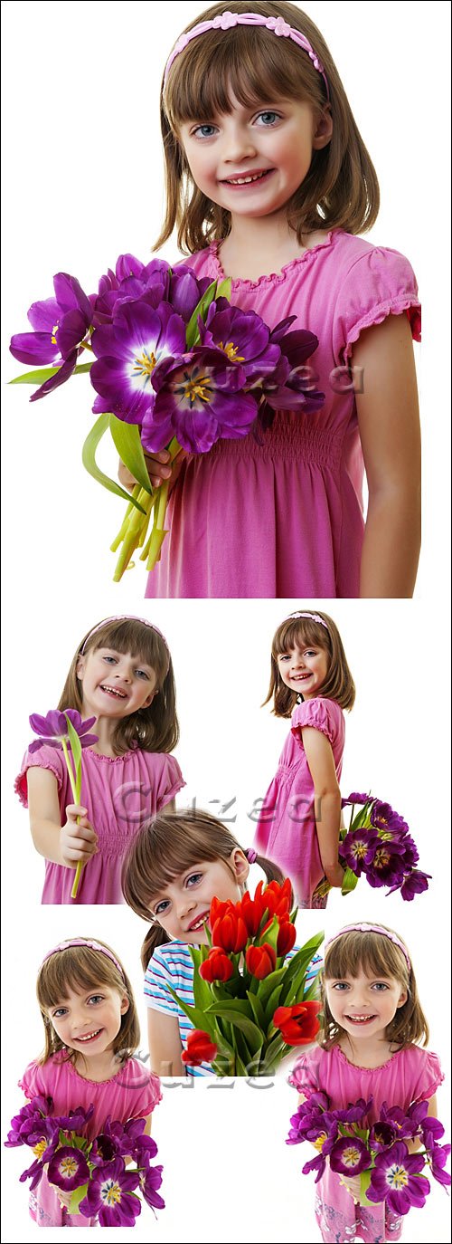    / Girl with tulips flowers - stock photo