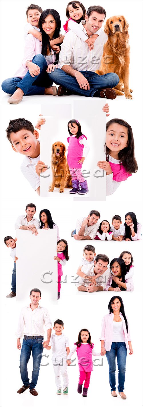        / Happy family and dog on white background - stock photo