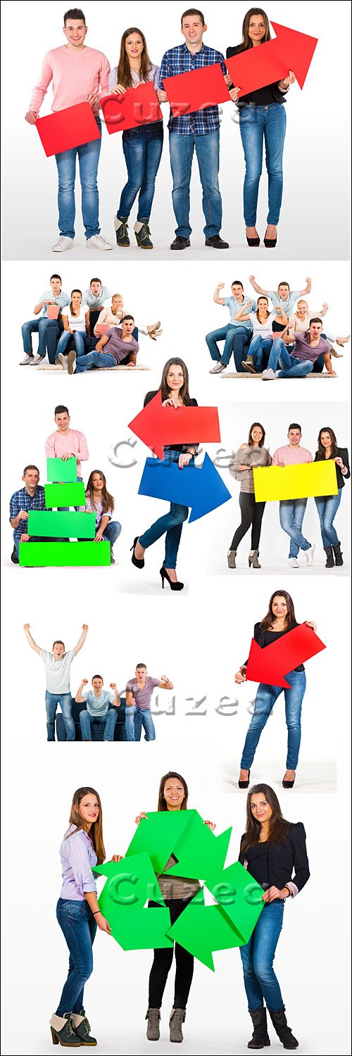  ,    / Group of people holding green tree shaped papers - stock photo