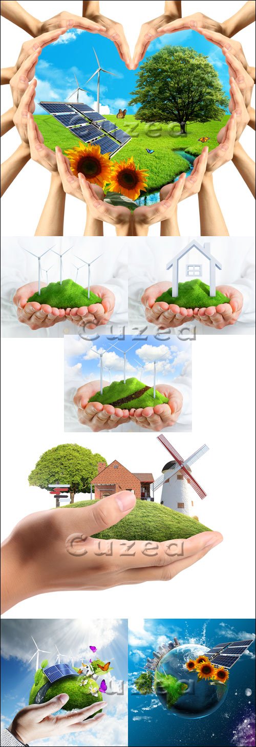 ,    | Hands holding a green hill - stock photo