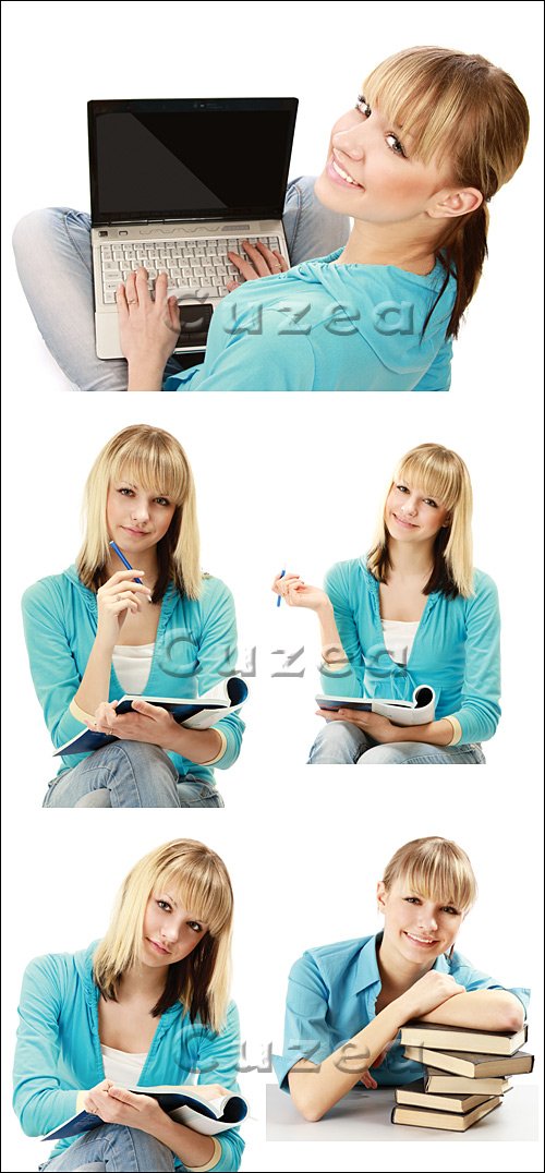      / College girl with laptop and books - stock photo