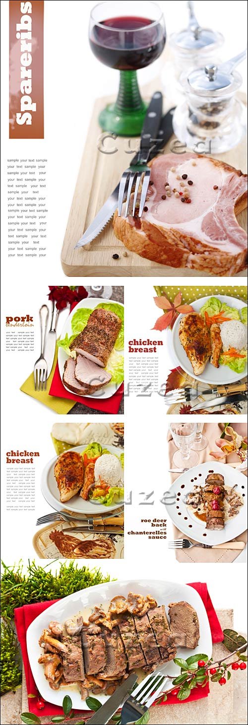        / White background with meat and place for text - stock photo