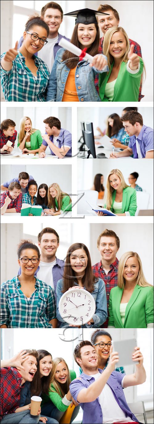    / Group of students gossiping at school - stock photo