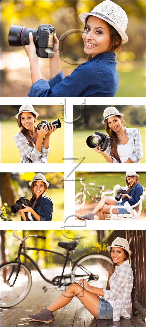      / Young woman learning to use camera - stock photo