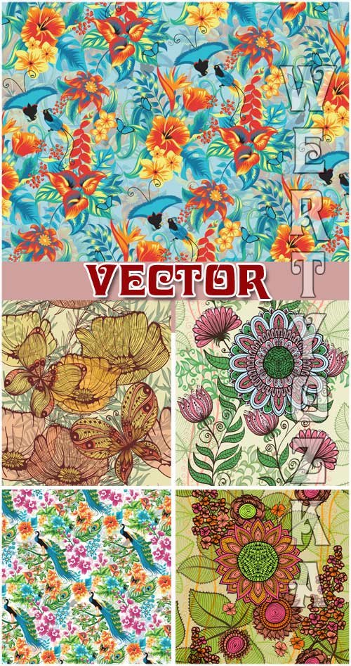       / Vector background with flowers and birds