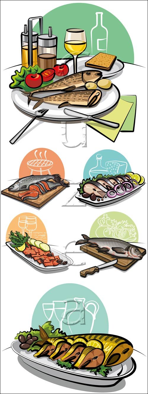      / Fried fish and vegetables - vector stock
