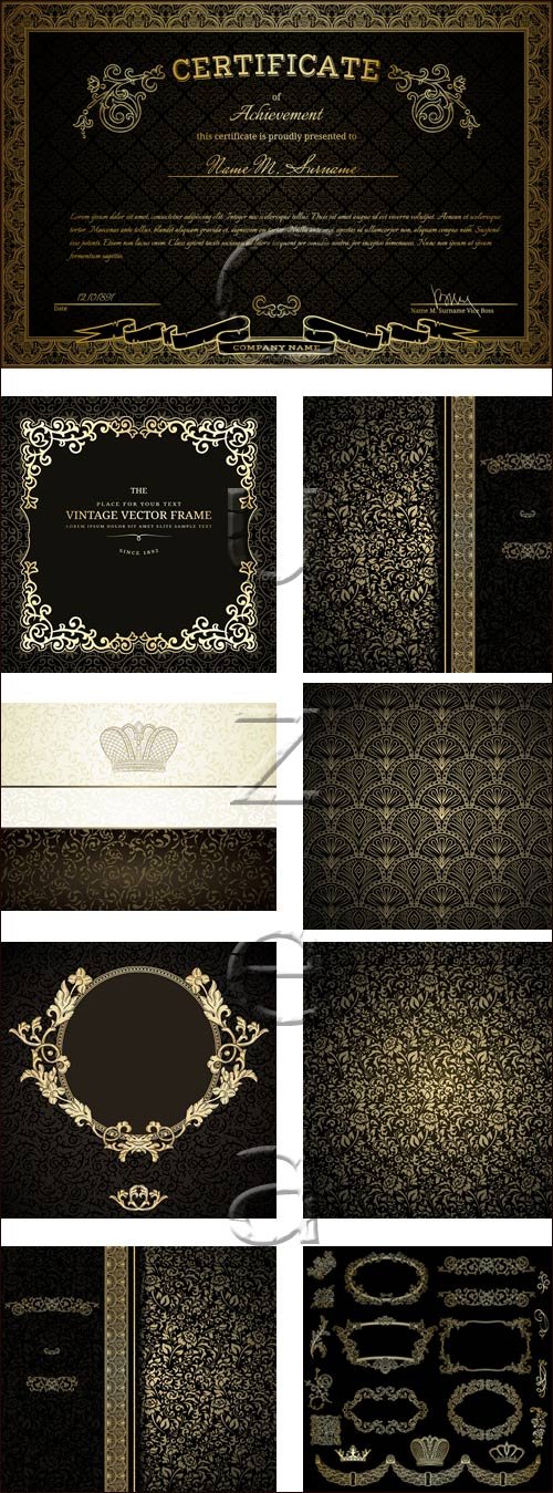        / Vintage gold elements for certificate on darc background - vector stock