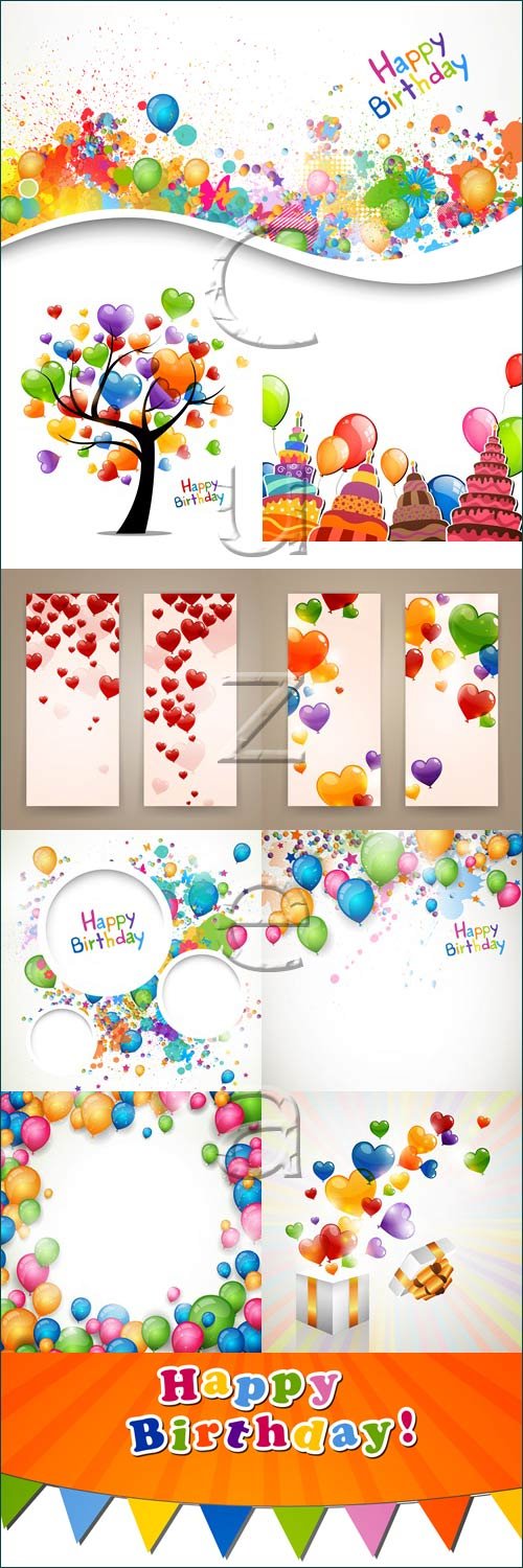     / Happy birthday banners with ballons and hearts - vector stock