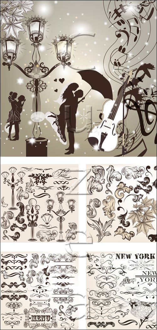      / Vintage elements and couple collage - vector stock