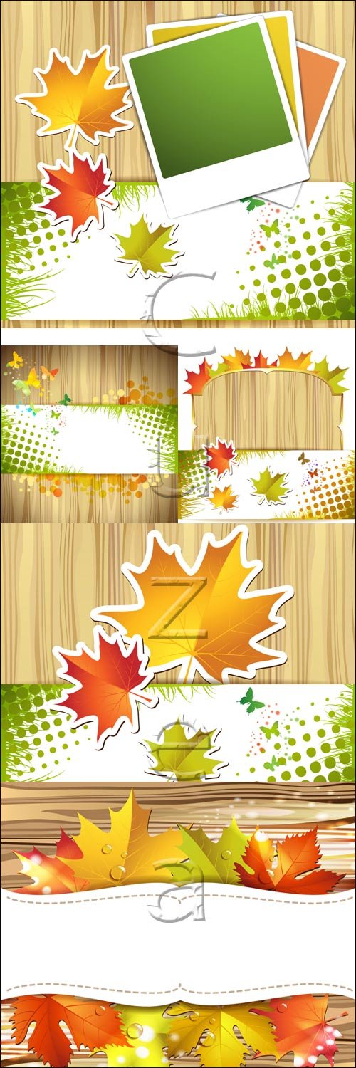 Wood background with autumn colorful leaves - vector stock