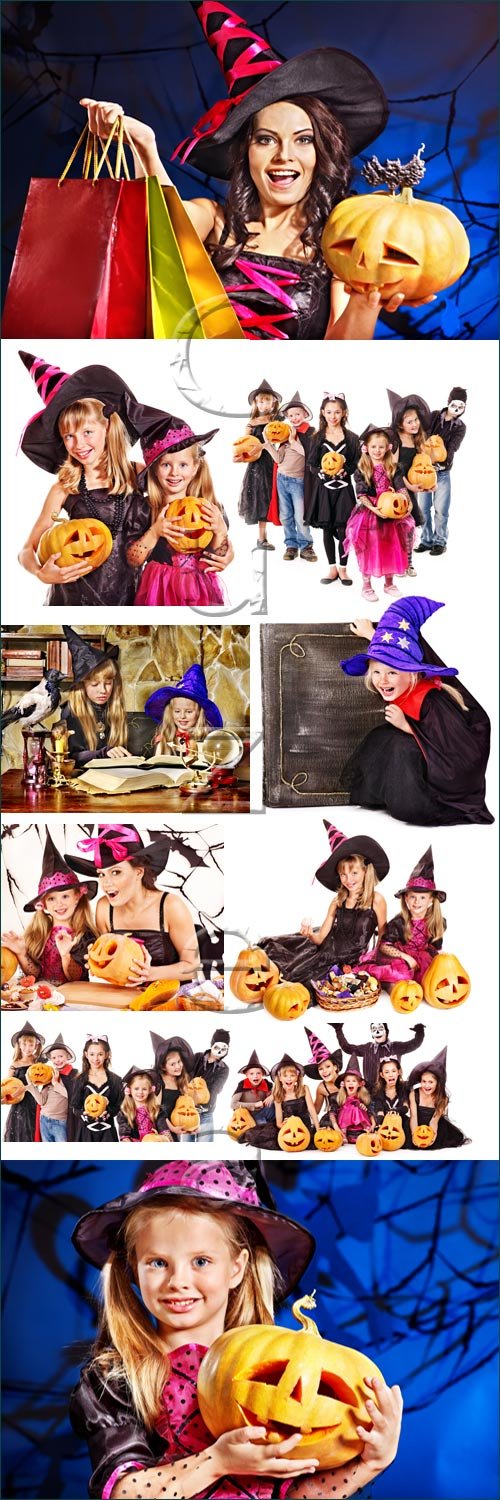 Children and woman at the halloween - stock photo