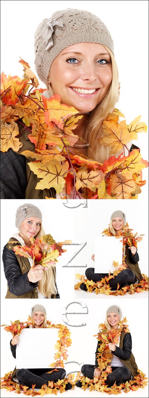 Woman in autumn leaves with white banner - stock photo