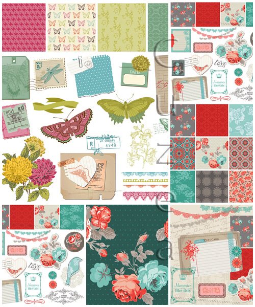Vintage vector floral paper with elements