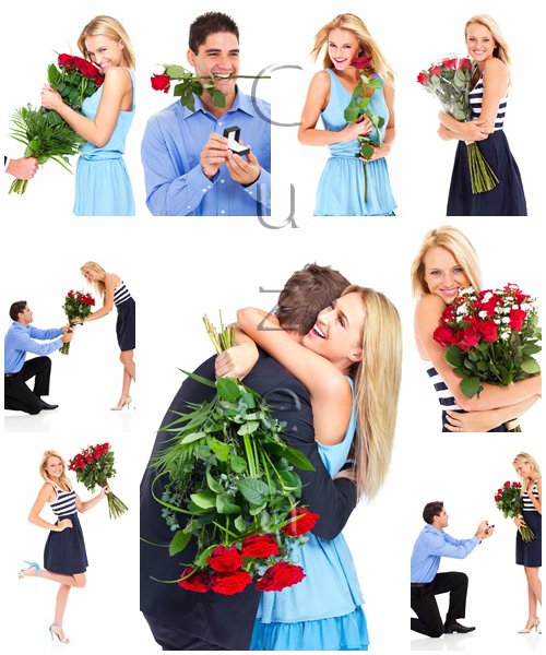 Happy couple with red roses - stock photo