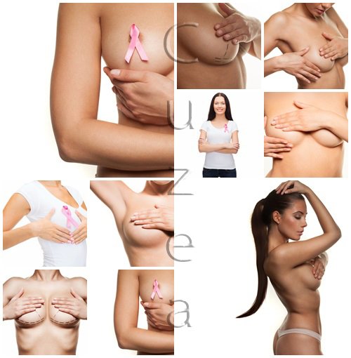 Nude woman wearing a pink breast cancer ribbon - stock photo