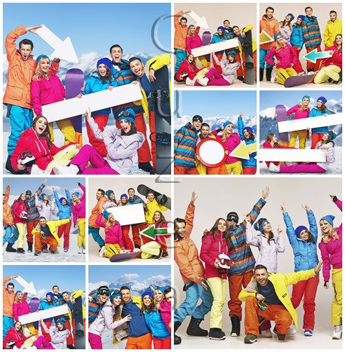 Winter people with color banner - stock photo