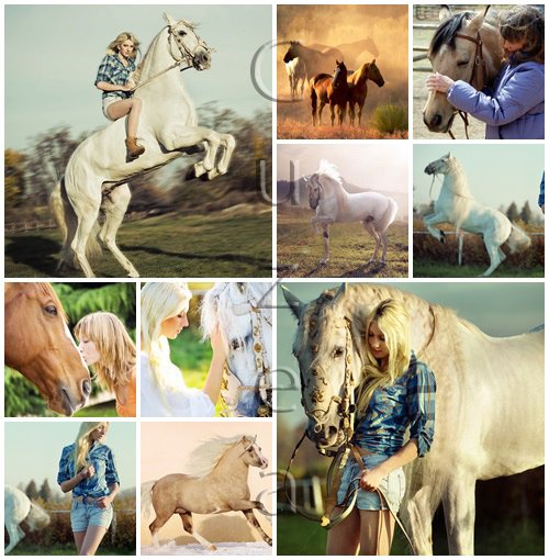 Girls and simbol of the new year - horses - stock photo
