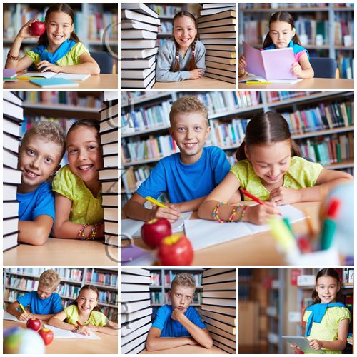 Children with books in the library - stock photo