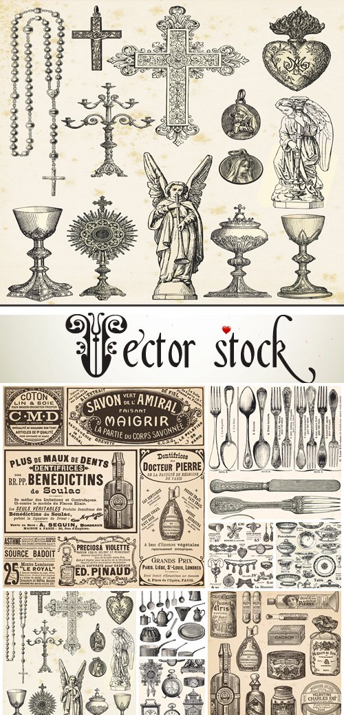 Big vintage collection of different obiects - vector stock