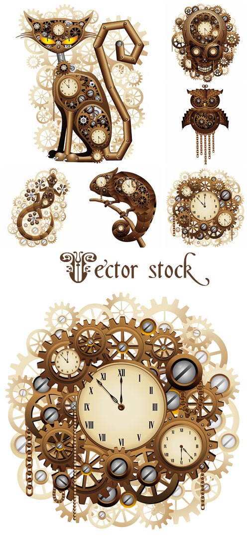 Animals and clocks in creativ vintage stile - vector stock
