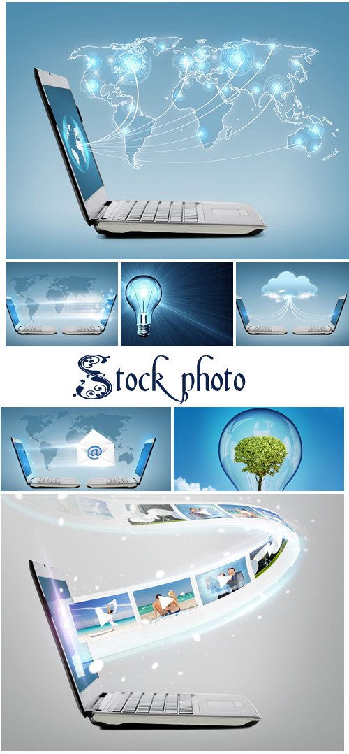 Laptop computer with map hologramm - stock photo