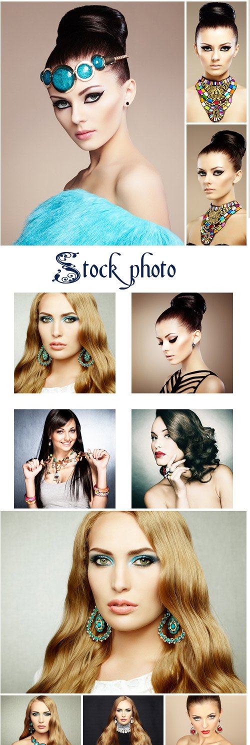 Photo of beautiful womans with magnificent hair. Perfect makeup - stock photo