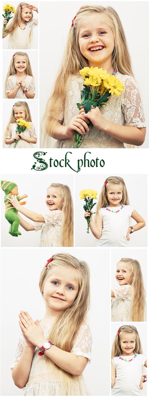 Smiling Girl hold yellow flowers - stock photo